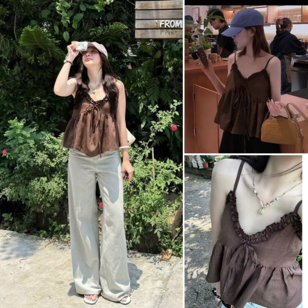เสื้อกล้ามสั้นระบายมีโบว์โทนผิวสีน้ําตาลอ่อน M116 Womens Fashion - Alisa 95