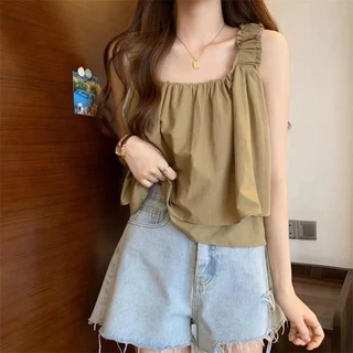 เสื้อกล้ามผู้หญิงน่ารักและสวมใส่สบาย ทรงหลวม สีพื้น สไตล์หวาน สายเดี่ยว ความยาวสั้น สำหรับผู้หญิง