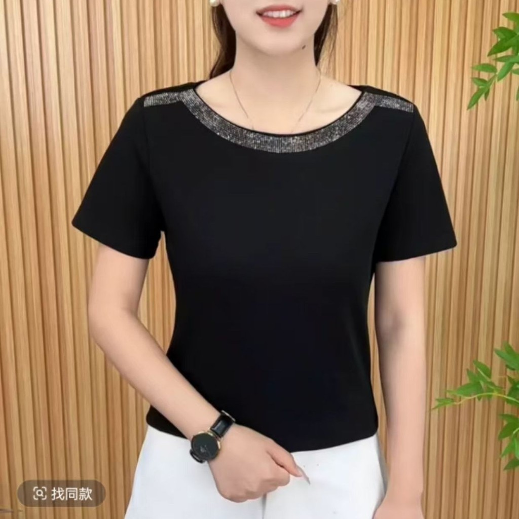 เสื้อยืดแขนสั้นสไตล์เกาหลีฤดูร้อน คอป้อมเรียบง่าย ท้องปกปิดสำหรับผู้หญิง