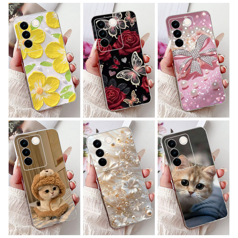 สําหรับ Vivo V27 (V2231) / V27 Pro (V2230) / V27e (V2237) ใหม่ Elegant Floral Cat Painting Soft Sili