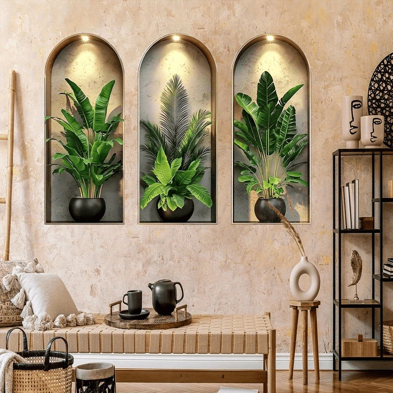 3 แผ่น/ชุด (ขนาดใหญ่) 3D Arch Niche Wall Decal-พฤกษศาสตร์ใบตกแต่งสําหรับห้องนั่งเล่นห้องนอน,ที่ถอดออกได้ไวนิล Silhouette พร้อมกระถาง, Bohe Home Decor,ที่ถอดออกได้ Arch Decals, V