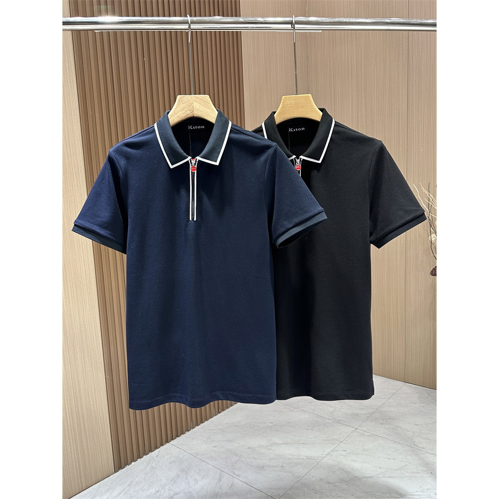 3SJ8 Kiton Summer Style Old Money Fashion Men's Turn-Down Collar Zipper Casual Short Sleeve Polo Shi
