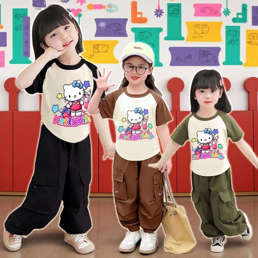 PINKชุดเซ็ทเด็ก2ชิ้น เสื้อยืดลายการ์ตูนตามกระแส+กางเกงคาร์โก้ สไตล์เกาหลี 9471