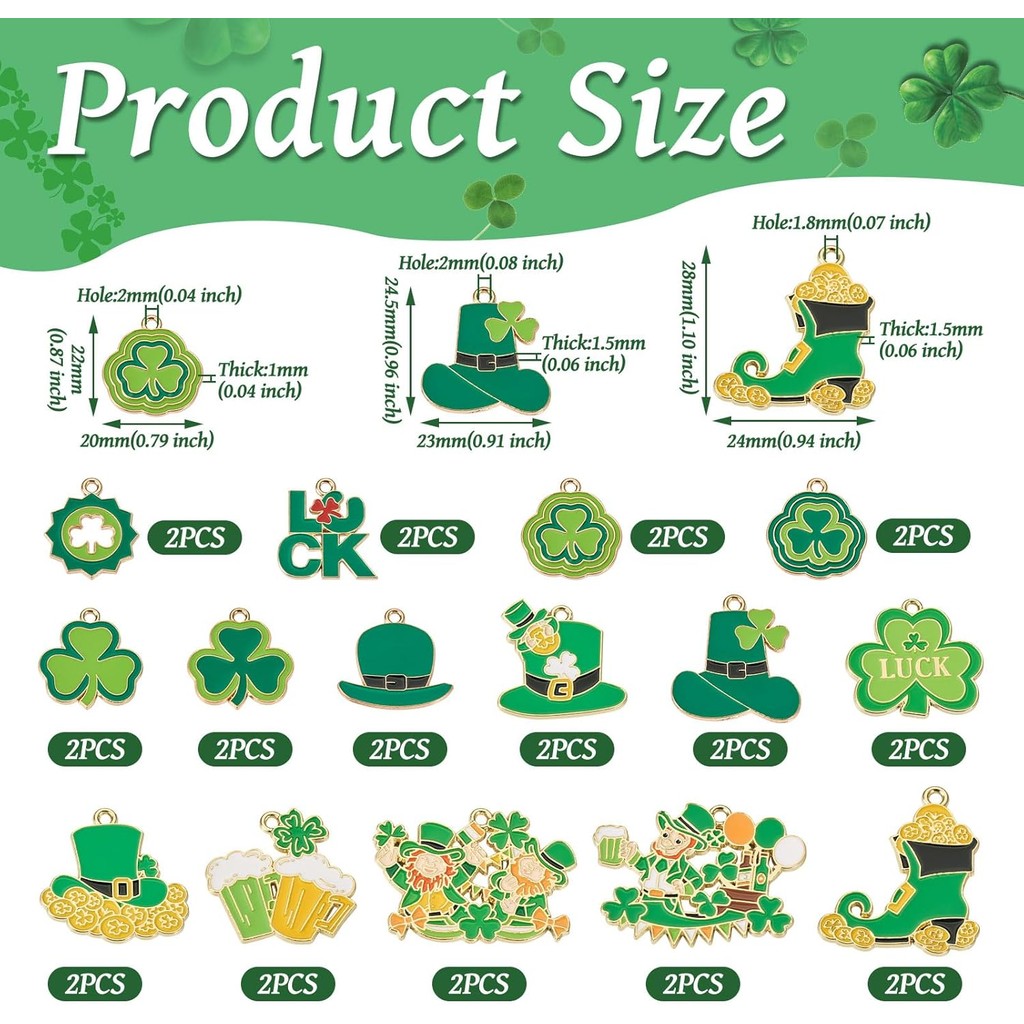 เครื่องประดับ Saint Patrick's Day จี้ shamrock คละสีเขียวเคลือบ ขนาด 22-28 มม. สำหรับสร้อยข้อมือ สร้