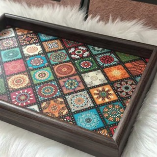 ถาดเสิร์ฟไม้เนื้อแข็งสไตล์โบฮีเมียน-จานสีใส่ขนมทรงสี่เหลี่ยม…