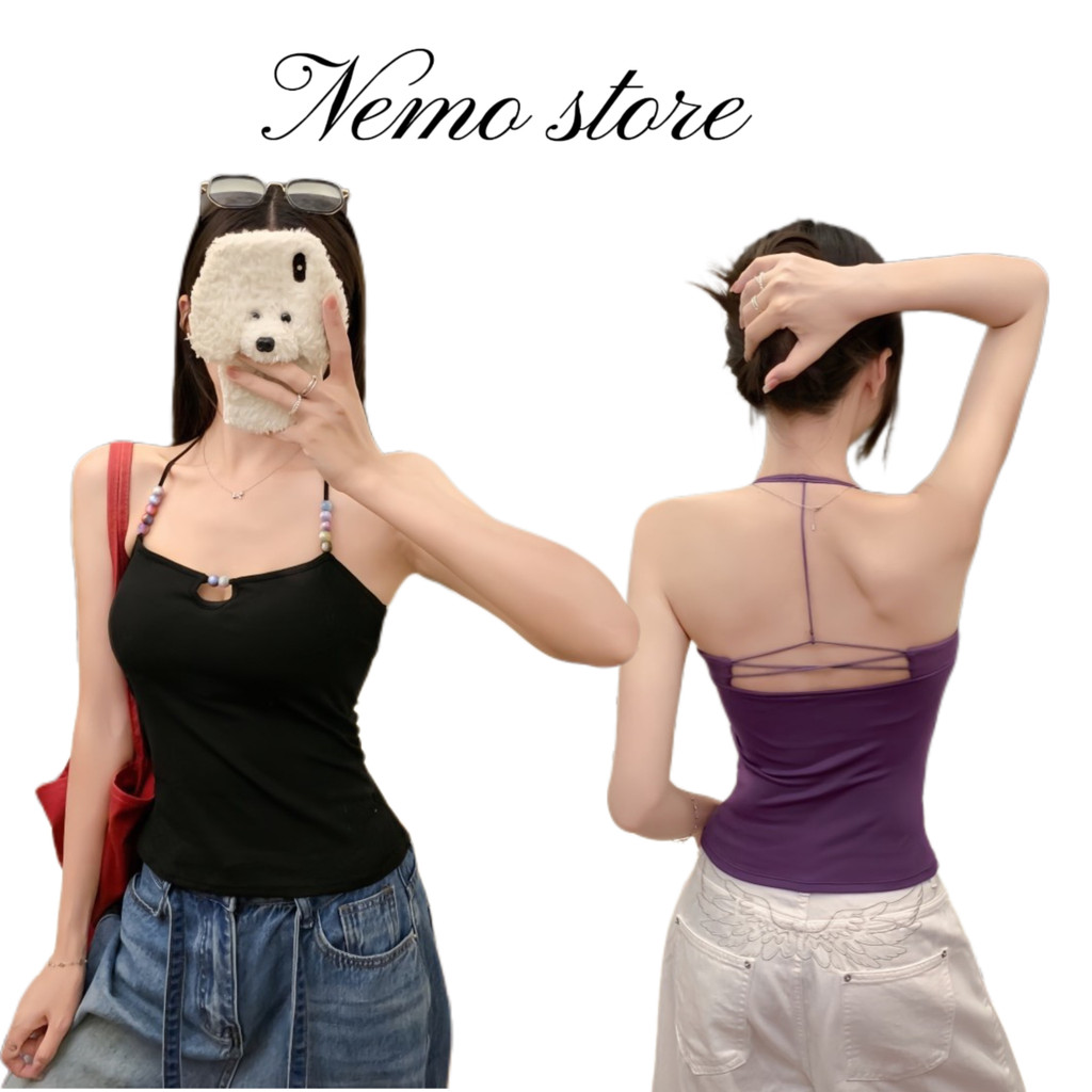 Nemo store🌸#FY1327 เสื้อสายเดี่ยว สีม่วงดำ เกาหลีๆ แต่งลูปปัด เสริมฟองน้ำในตัวยืดพอดี