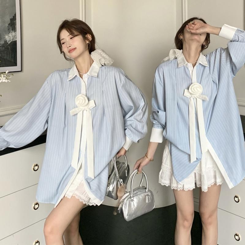 Grace เสื้อเชิ้ตผู้หญิงลายทางริบบิ้นฝรั่งเศส เสื้อเชิ้ตโบว์ เสื้อเชิ้ตแขนยาวลายดอกไม้ 3 มิติ หลวมๆ และเก๋ไก๋ W636