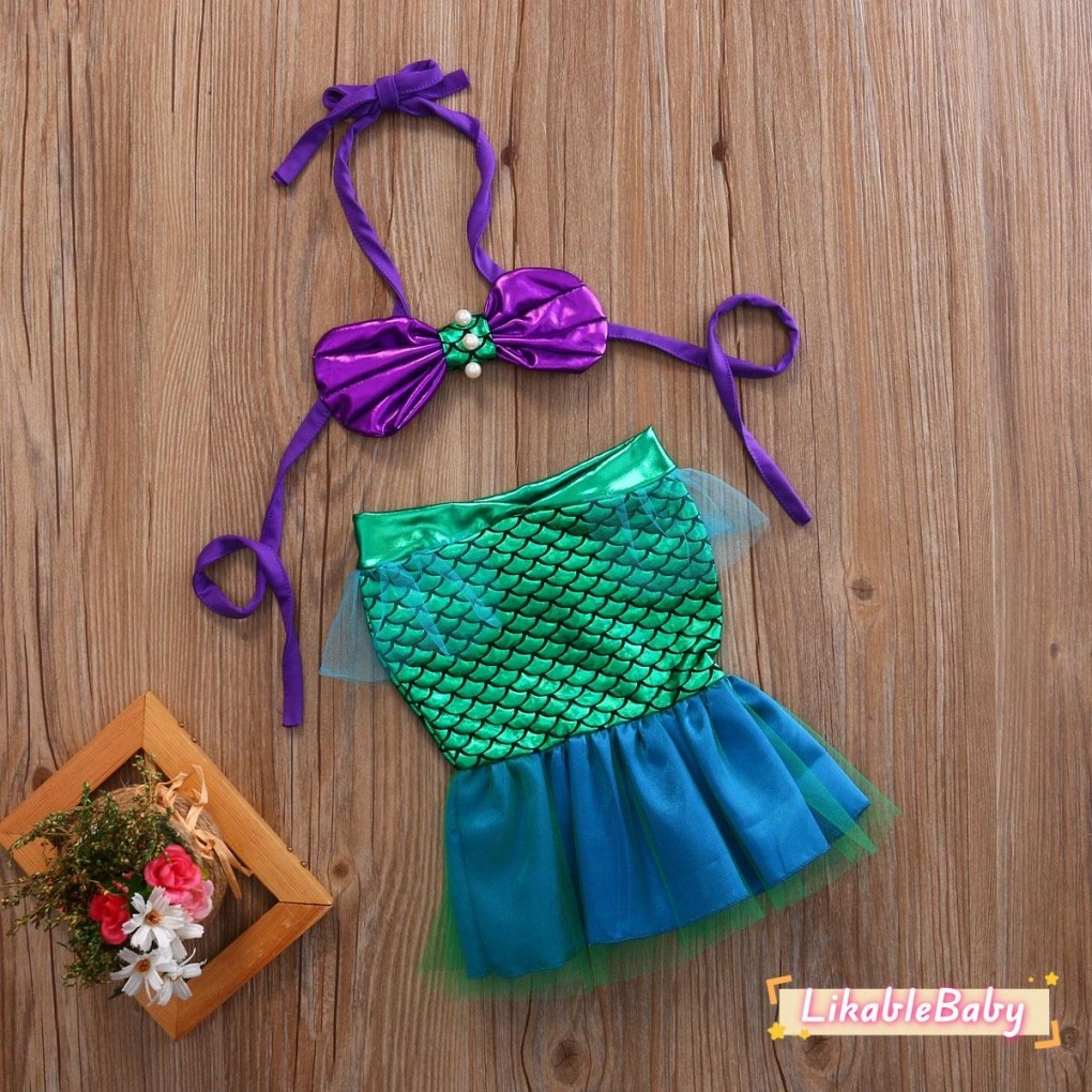 เด็กทารก Mermaid แขวนคอ Shell Pearl Halter บิกินี่เสื้อ + Tulle Patchwork Mermaid Tail 2 ชิ้นชุดว่ายน้ํา