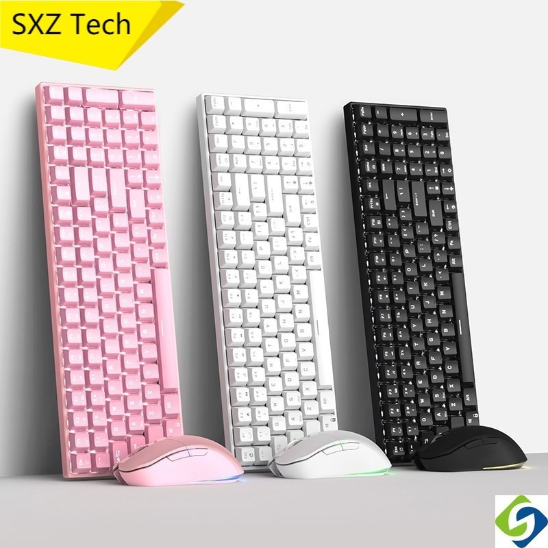 มาใหม่ RK100G/RK860 ไฟแบ็คไลท์สีขาว 2.4G /USB แบบมีสาย Dual Mode คีย์บอร์ดและเมาส์แบบกลไกชุด 100 คีย