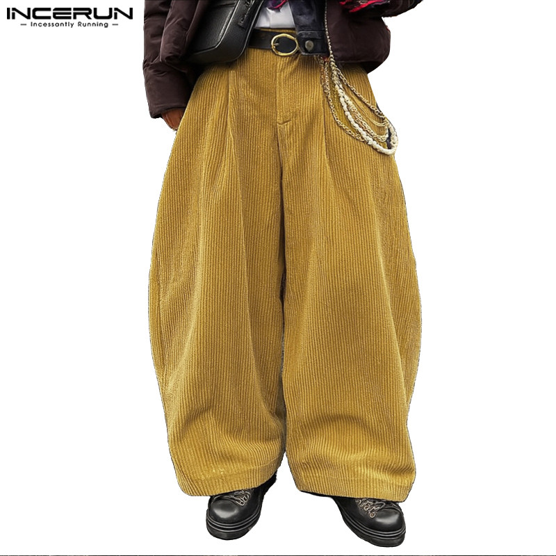 กางเกงเอวสูงสไตล์เกาหลีวินเทจ ผ้าลูกฟูก มีปุ่มด้านหน้า