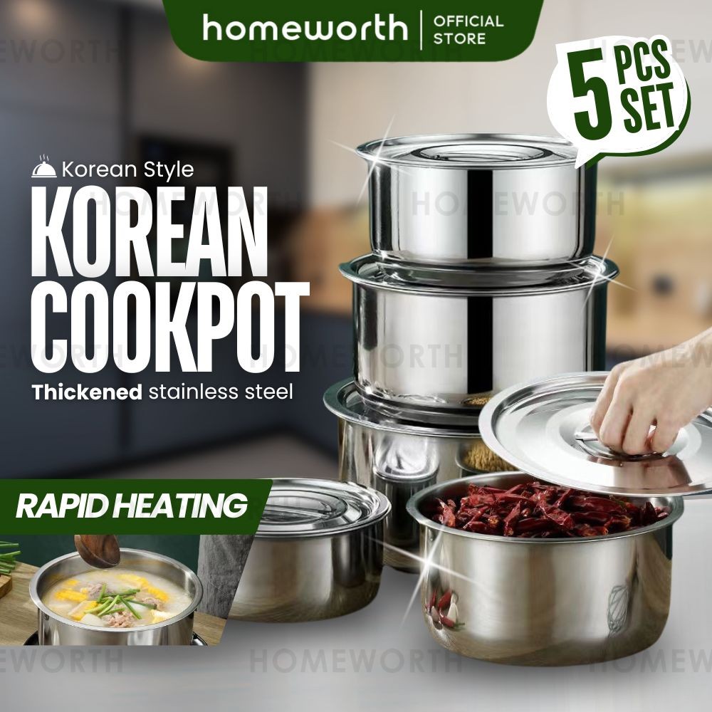HOMEWORTH 5 In 1 สแตนเลส Conditioning Food Pot พร้อมฝาปิด Periuk Masak Food Storage Indian Pot