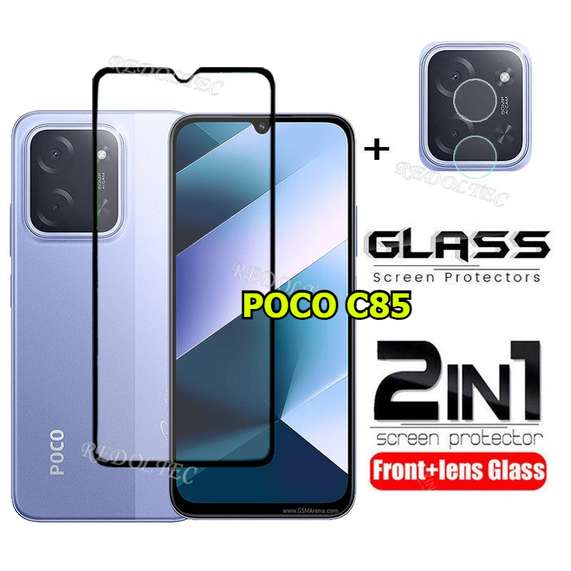 POCO C85 ฟิล์มกระจกนิรภัย 2 in 1 พร้อมตัวป้องกันเลนส์คลุมทั้งหมด กาวเต็ม Xiaomi POCOC85