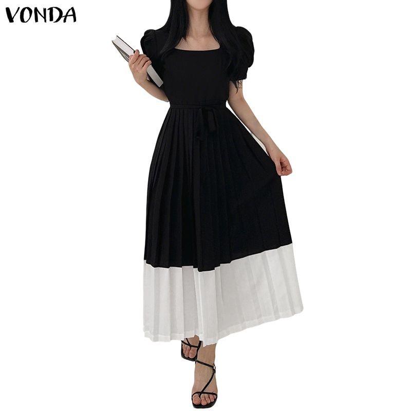 VONDA กระโปรงเดรสสไตล์เกาหลี ออกแบบเรียบหรูทรงเหลี่ยม แขนปะفو้ส สายเชือกรองเท้าและลายพรางตัดต่อ