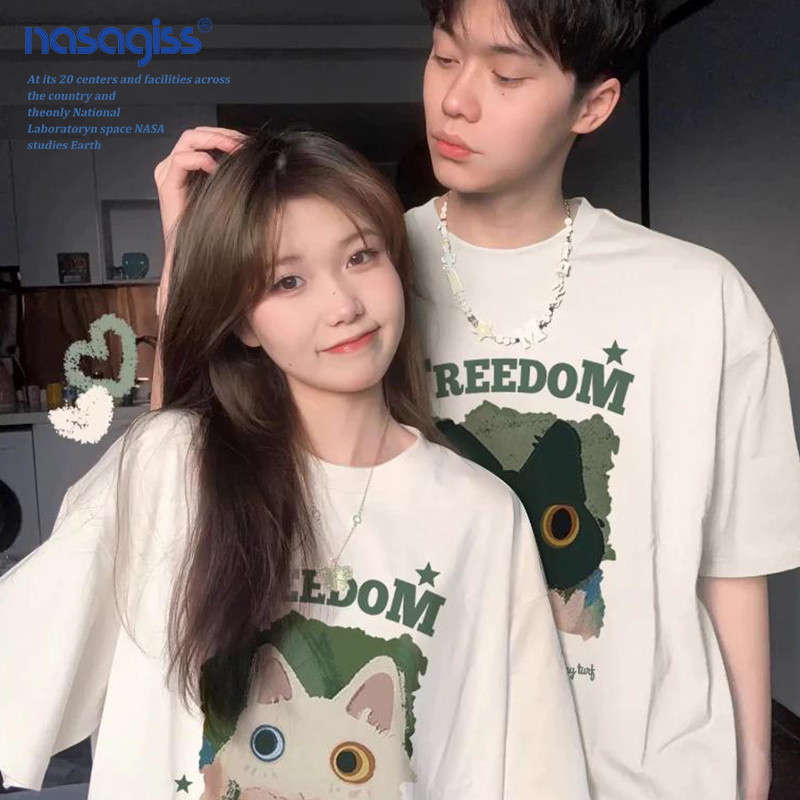 NASA เสื้อยืดคู่แขนสั้น สไตล์ลำลอง summer แมว พิมพ์ลาย คอกลม ทรงพอดีตัวระบายอากาศ เสื้อยืด รุ่นคู่รัก