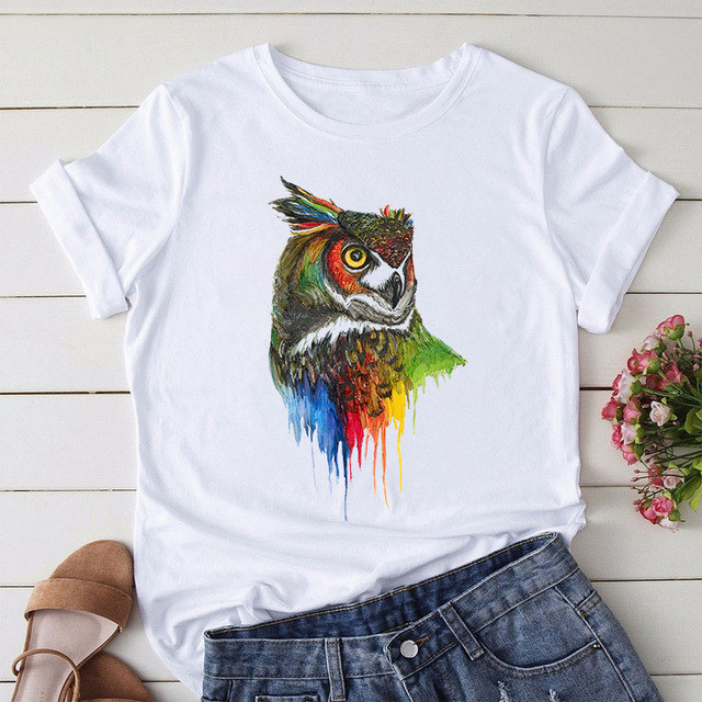 พิมพ์ยุโรปขนาดแขนสั้นผู้หญิงเสื้อผ้ายืนอิสระแขนสั้นนกฮูกรอบแฟชั่นไขมัน mmt เสื้อ Bottoming เสื้อ COD