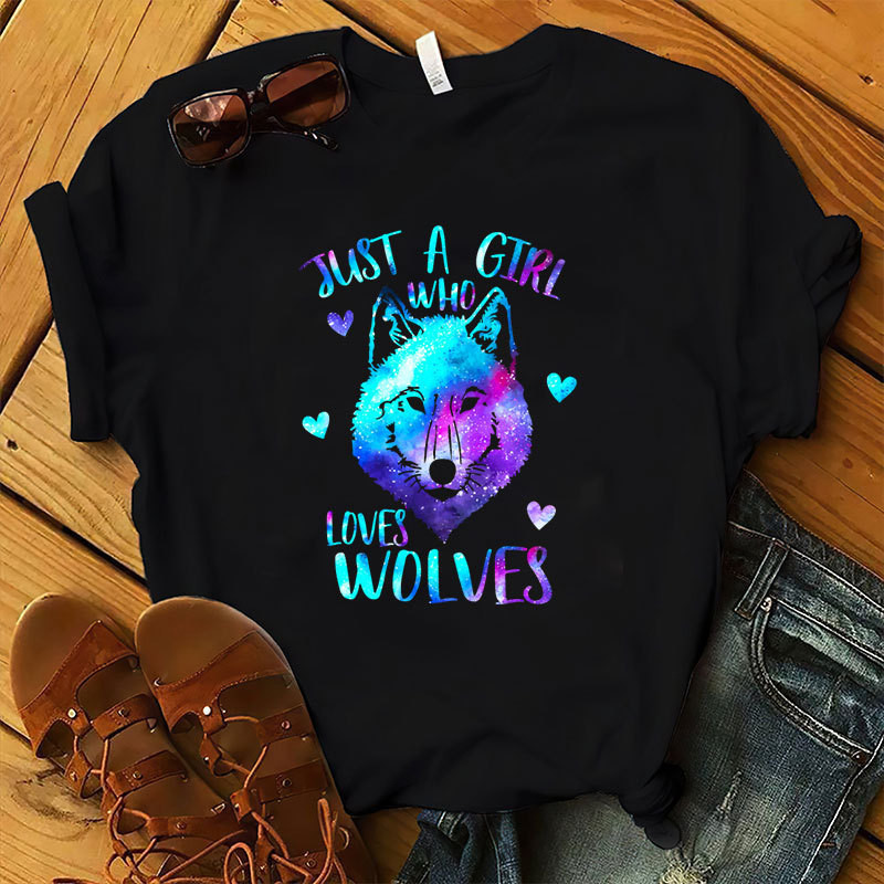 COD Just A Girl Love Wolves Print Women T Shirt Short Sleeve HN QAFD