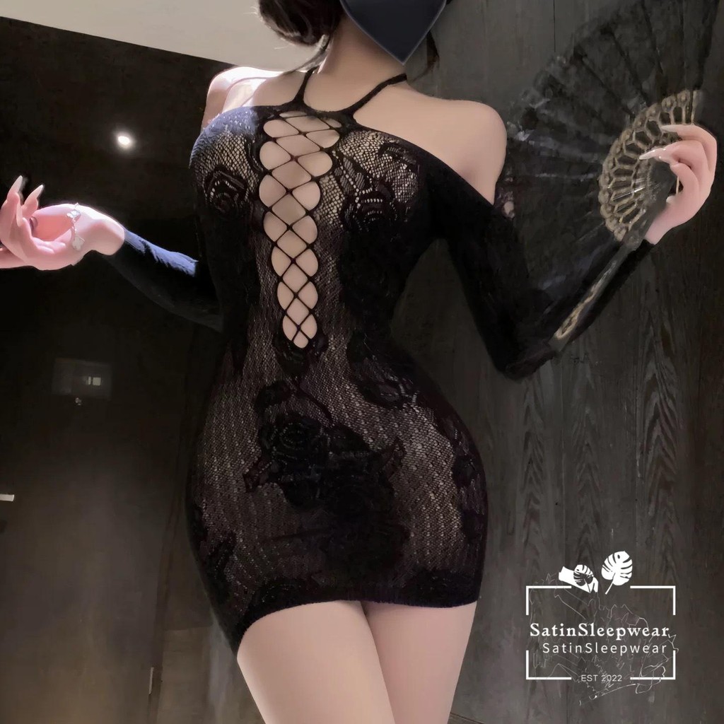 SatinSleepwear💞💞ชุดเดรสลูกไม้เซ็กซี่ ชุดชั้นในเซ็กซี่ พร้อมกระโปรงลูกไม้ทรงสะโพก คอวีครึ่งตัว ฉีกขาดง่าย ราคาประหยัด.