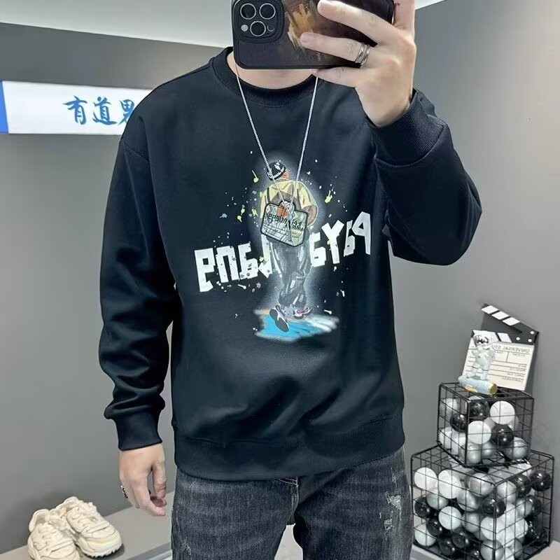 หลวมด้านบน 2024 ใหม่ผู้ชายเก๋อินเทรนด์ใหม่เกาหลีรุ่นรอบคอพิมพ์สไตล์ฮ่องกง 23 เสื้อกันหนาวสไตล์ใหม่ฤด