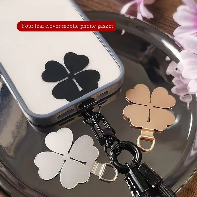 Creative Four Leaf Clover รูปโลหะโทรศัพท์ Lanyard Patch แท็บสแตนเลสบางเฉียบเปลี่ยนความปลอดภัยแผ่นเชือกแขวน