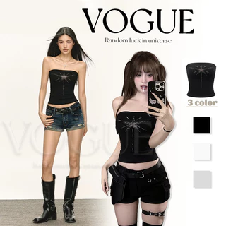 Vogue🌟พร้อมส่ง🌟 เสื้อเกาะอก เสริมฟองน้ำในตัว ลายเพชรดาว สีพื้นมินิมอล (FY3573)