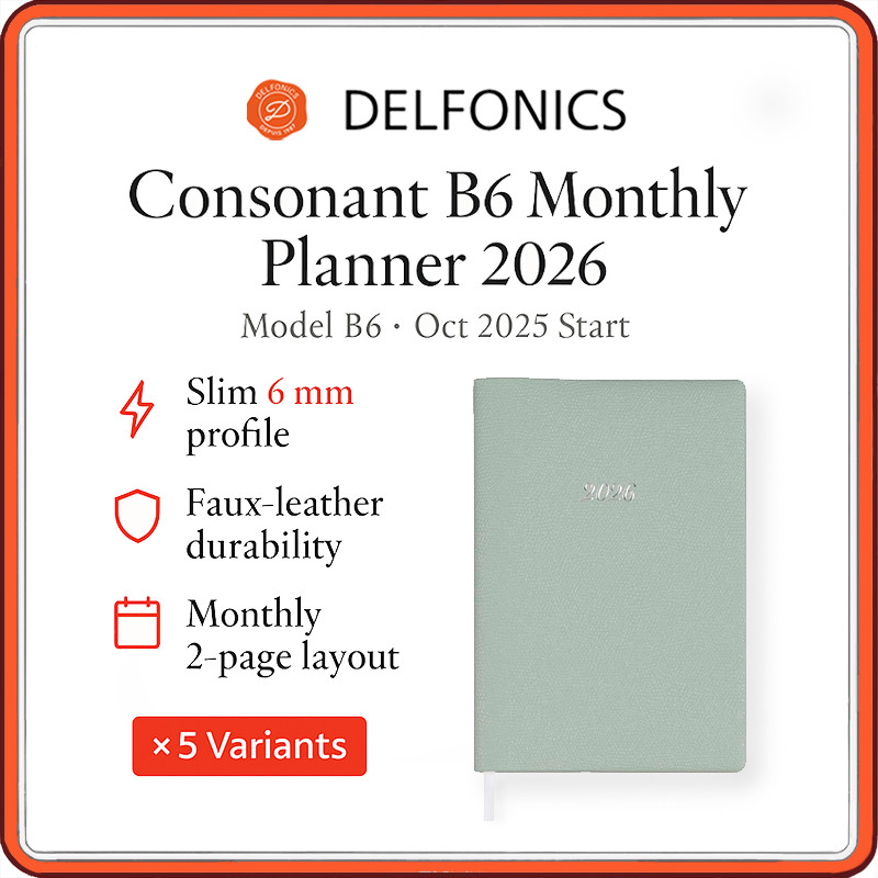 Delfonics Consonant B6 Monthly Planner 2026 – Oct 2025 Start, Slim Faux-Leather Cover, 5 Color Optio