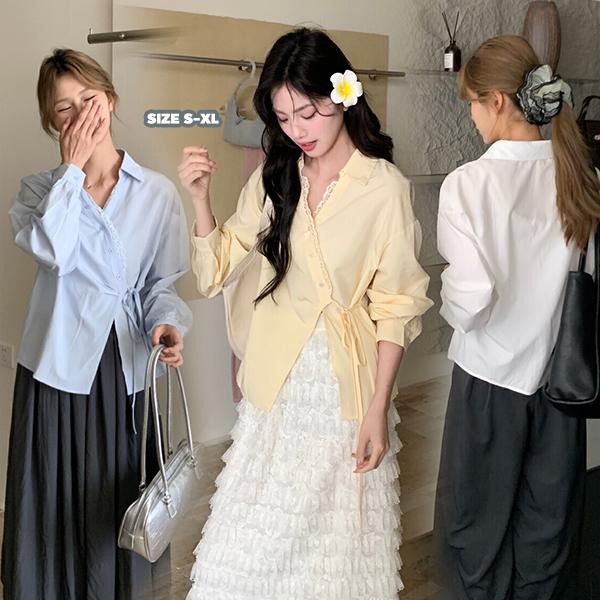 mimi&didi#เสื้อเชิ้ตแขนยาวผูกเอวสำหรับผู้หญิง เสื้อน่ารักๆ ผู้หญิง ฤดูใบไม้ผลิและฤดูใบไม้ร่วง ดีไซน์เฉพาะตัว#W663