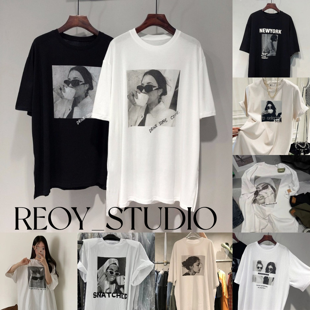 （จัดส่งตลอด 24 ชั่วโมง）REOY_STUDIO ผ้าฝ้ายแท้ cotton 100% เสื้อยืดคอกลม แขนสั้น พิมพ์ลาย ทรงหลวม สไตล์เกาหลี เรียบง่าย