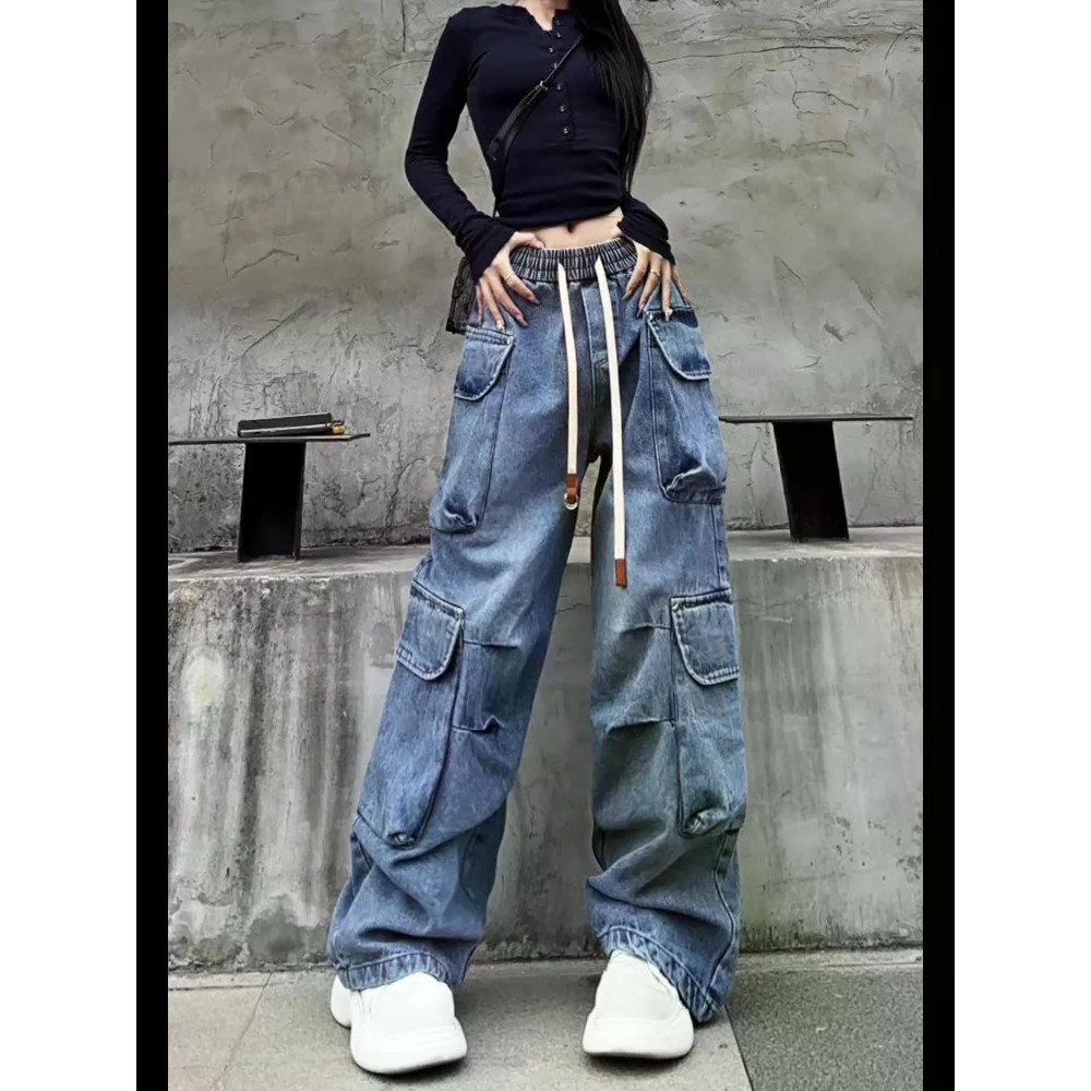 กางเกงยีนส์ผู้หญิงสไตล์เกาหลี แบบเอวสูงสำหรับฤดูใบไม้ผลิและฤดูร้อน สวมใส่ง่ายและอเนกประสงค์