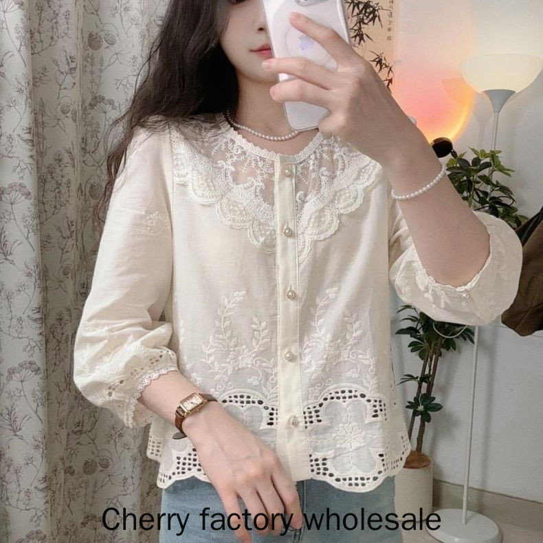 เสื้อผ้าแฟชั่นผู้หญิงใหม่ ผลิตจากผ้าฝ้ายแท้ปักลูกไม้ แขนยาว สไตล์เรียบหรู