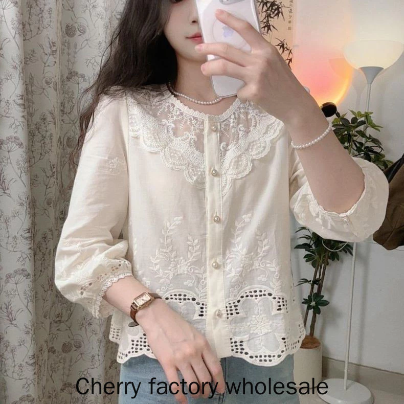 เสื้อผ้าแฟชั่นผู้หญิงใหม่ ผลิตจากผ้าฝ้ายแท้ปักลูกไม้ แขนยาว สไตล์เรียบหรู