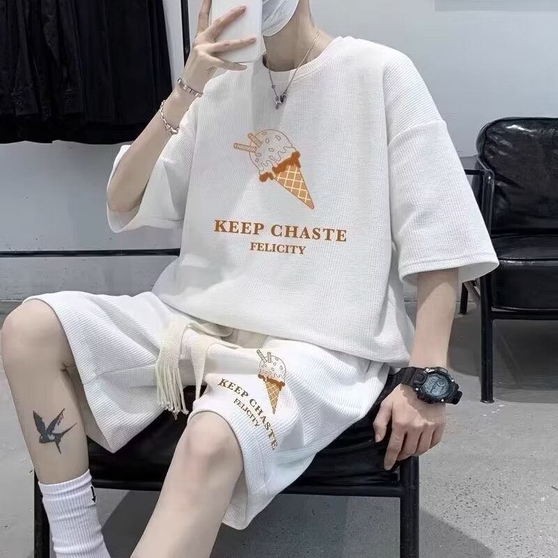 COD 2025 Youth Short Sleeve T-Shirt Men's Summer Waffle Texture Junior High School Student Clothes S