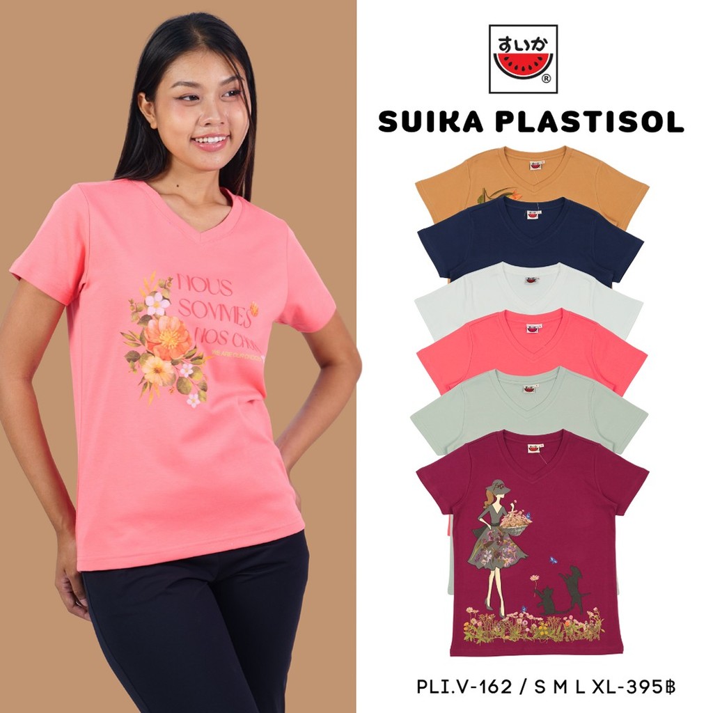 เสื้อแตงโม (SUIKA) -เสื้อยืดคอกลมแขนสั้น สีฟ้าลายพิมพ์ลายพาติชอล วันแม่   (PLI.V-185 173 159 118 162 161)