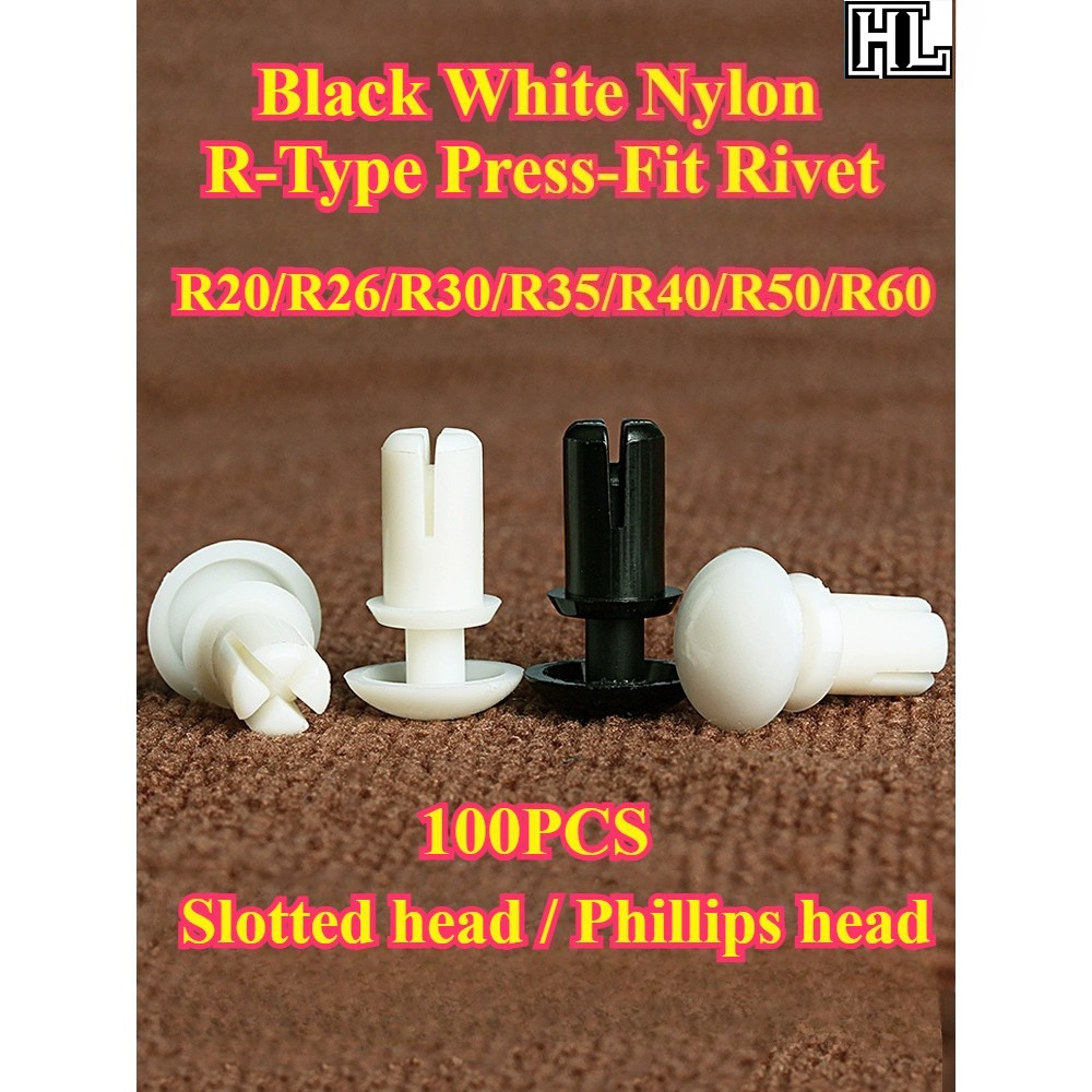 [HL-MD] 100PCS สีดําสีขาวไนลอน, R-Type Press-Fit Rivet, R20/R26/R30/R35/R40/R50/R60, PC ฉนวนพลาสติกย