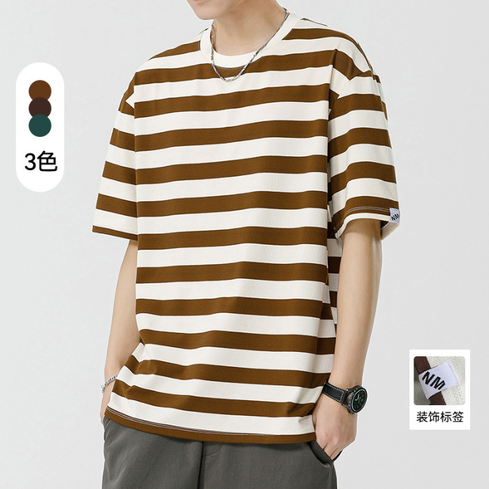 COD 2025 Heavyweight 240g Crew Neck T-Shirt Men 2024 Summer New Striped Short Sleeve T-Shirt Trendy 