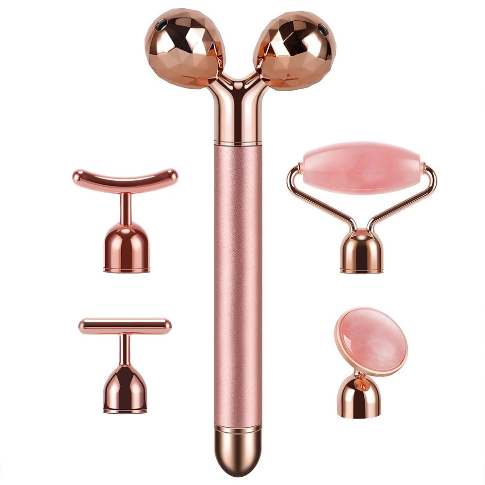 5-in-1 24K Gold Beauty Wand เครื่องนวดหน้าไฟฟ้า Vibrating Rose Quartz 3D Roller Face Lifting Body Fa