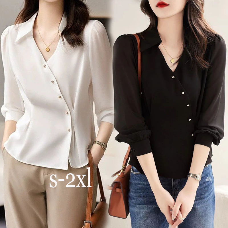 Dahong 99205 เสื้อเชิ้ตแขนยาวผู้หญิง คอวี สีขาว กระดุมแนวทแยงโลหะ คอปกแฟชั่นผู้หญิง ผ้าซาตินสีพื้น เรียบๆ เนื้อผ้าลื่น