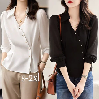 Dahong 99205 เสื้อเชิ้ตแขนยาวผู้หญิง คอวี สีขาว กระดุมแนวทแยงโลหะ คอปกแฟชั่นผู้หญิง ผ้าซาตินสีพื้น เรียบๆ เนื้อผ้าลื่น