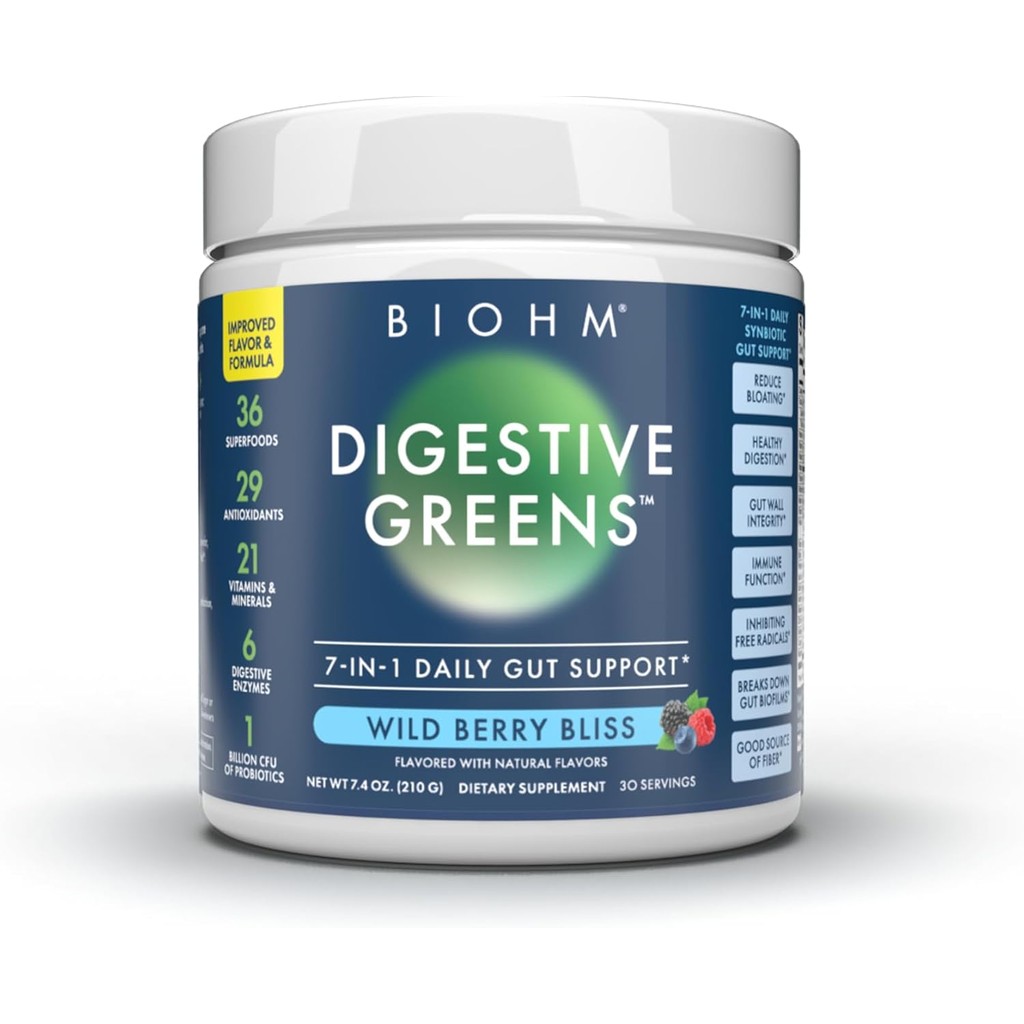 BIOHM Digestive Greens, Green Superfood Powder (7.4 Oz, 30 เสิร์ฟ) Immune & Gut Health Support with 