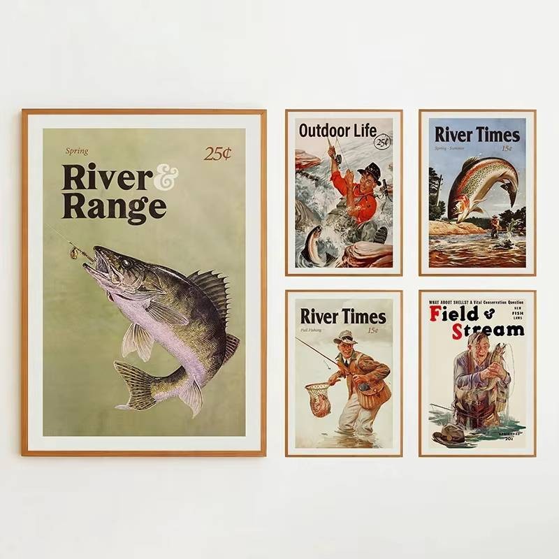 โปสเตอร์ลายปลารุ่นคลาสสิกสำหรับคนชอบตกปลา พร้อมลายผ้าใบ ภาพศิลปะบนผนังสำหรับการประดับห้องนั่งเล่นและบ้าน