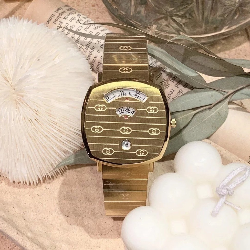 สีเข็มขัดต่างๆ GUCCI GUCCI ปฏิทินเดี่ยวนาฬิกาควอทซ์เข็มขัดเหล็กสไตล์ Unisex นาฬิกาผู้ชายนาฬิกาผู้หญิ