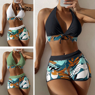 Lovito Férias Conjuntos De Biquíni Sexy Plantas Arco De Verão Feminina LNL36108 (Branco/Verde/Preto)