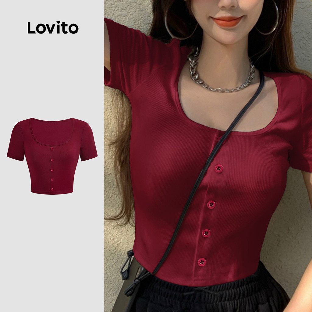 Lovito เสื้อยืดลำลองติดกระดุมธรรมดาช่วงคริสต์มาสสำหรับผู้หญิง L121AD1131