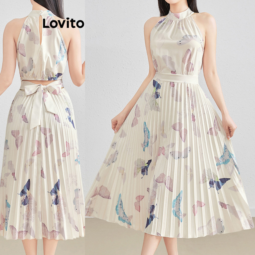 Lovito ชุดเดรส อัดพลีท ลายดอกไม้ สไตล์หรูหรา สำหรับผู้หญิง L121MD155