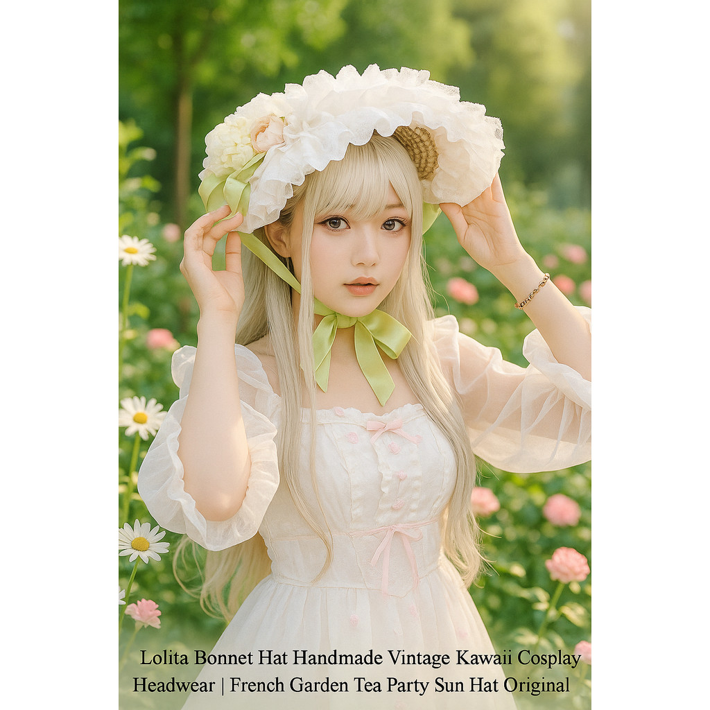 Lolita Bonnet หมวก Handmade Vintage Kawaii คอสเพลย์ Headwear | หมวกกันแดดปาร์ตี้ชาสวนฝรั่งเศส ดีไซน์