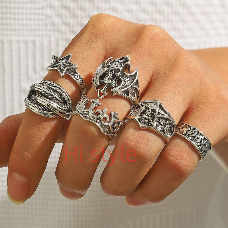 6 sets of skull rings for men, Gothic punk ring accessories
