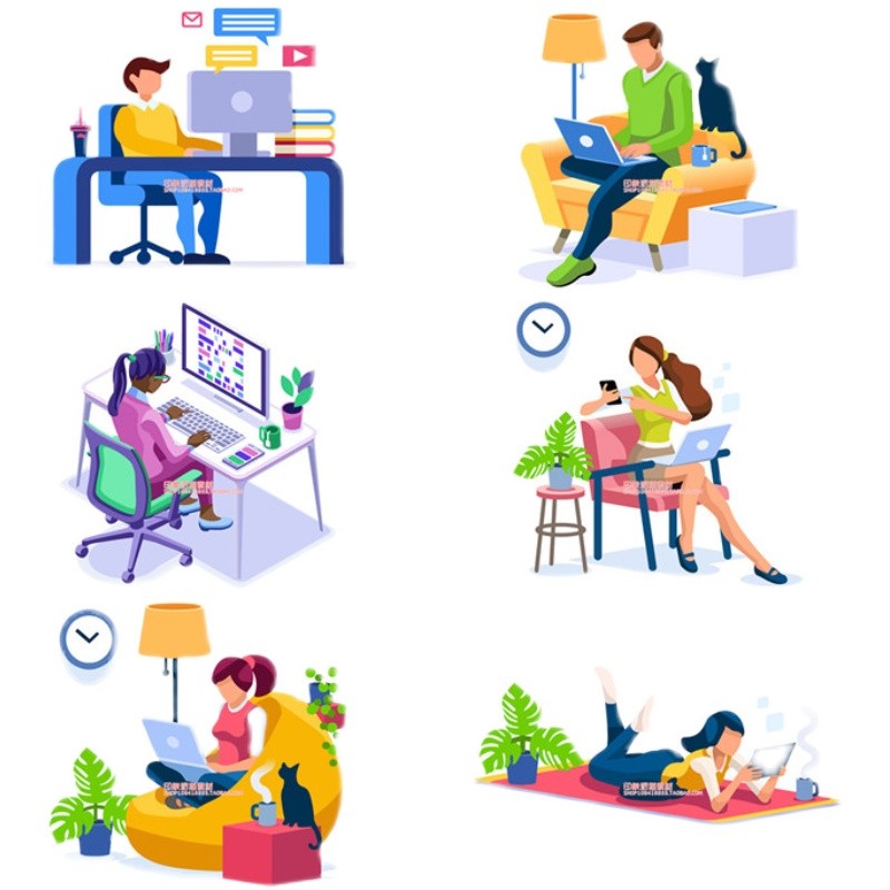 A0885 Vector AI Design Material Flat Character Home Office Coffee Notebook Cat Life Time