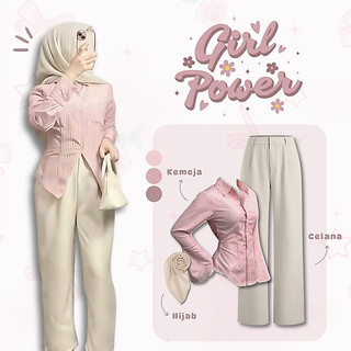 3in1 Setelan Outfit Simpel Korean Style | Kemeja Fitted Salur Pink + Loose Pants Highwaist  Ivory + Hijab Bella Square Ivory | One Set Wanita Casual Daily Look Remaja Dewasa Kekinian - UC69