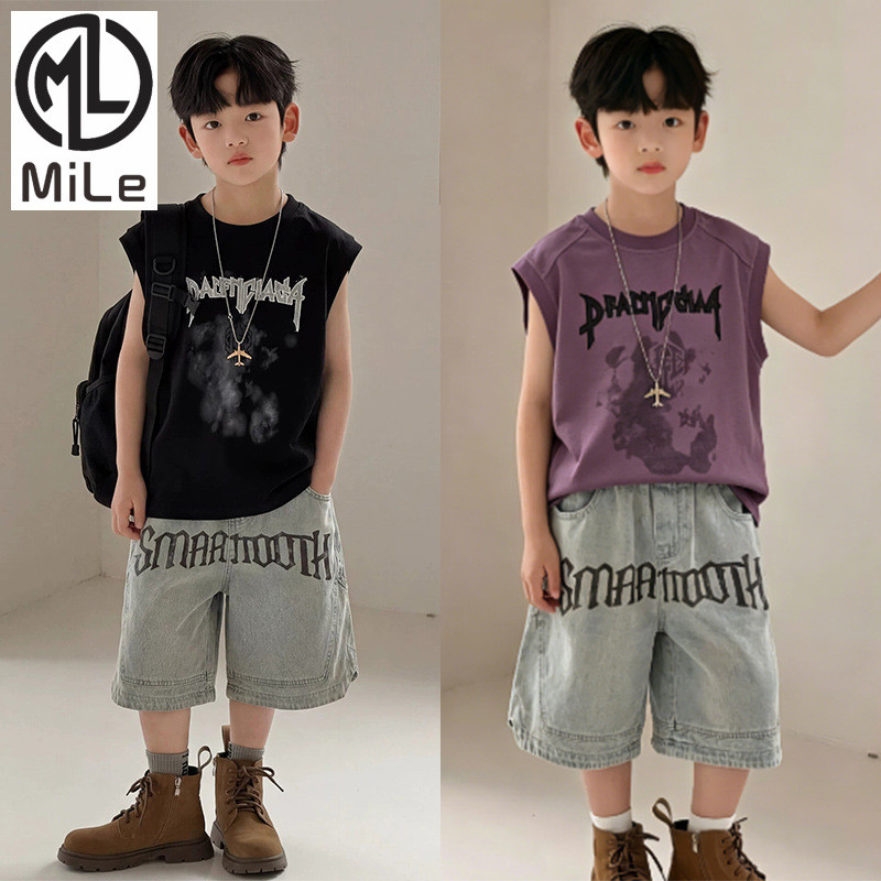 [ML] 80-170 ซม.เกาหลีรุ่นเด็กกว้างไหล่เสื้อกั๊กผู้ชายผู้หญิงกลางเด็กใหญ่แฟชั่น All-Match เสื้อยืดแขนกุดหลวม