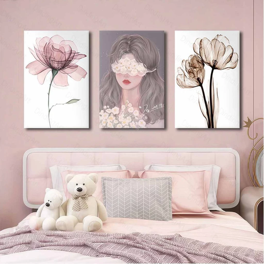 ชุดภาพ 3 ชิ้น โทนสีชมพู สไตล์ Coquette ลายเชอร์รี่ กระต่าย โบว์ ของตกแต่งห้องนอน สวยหวาน