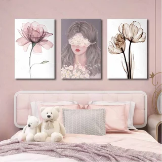 ชุดภาพ 3 ชิ้น โทนสีชมพู สไตล์ Coquette ลายเชอร์รี่ กระต่าย โบว์ ของตกแต่งห้องนอน สวยหวาน